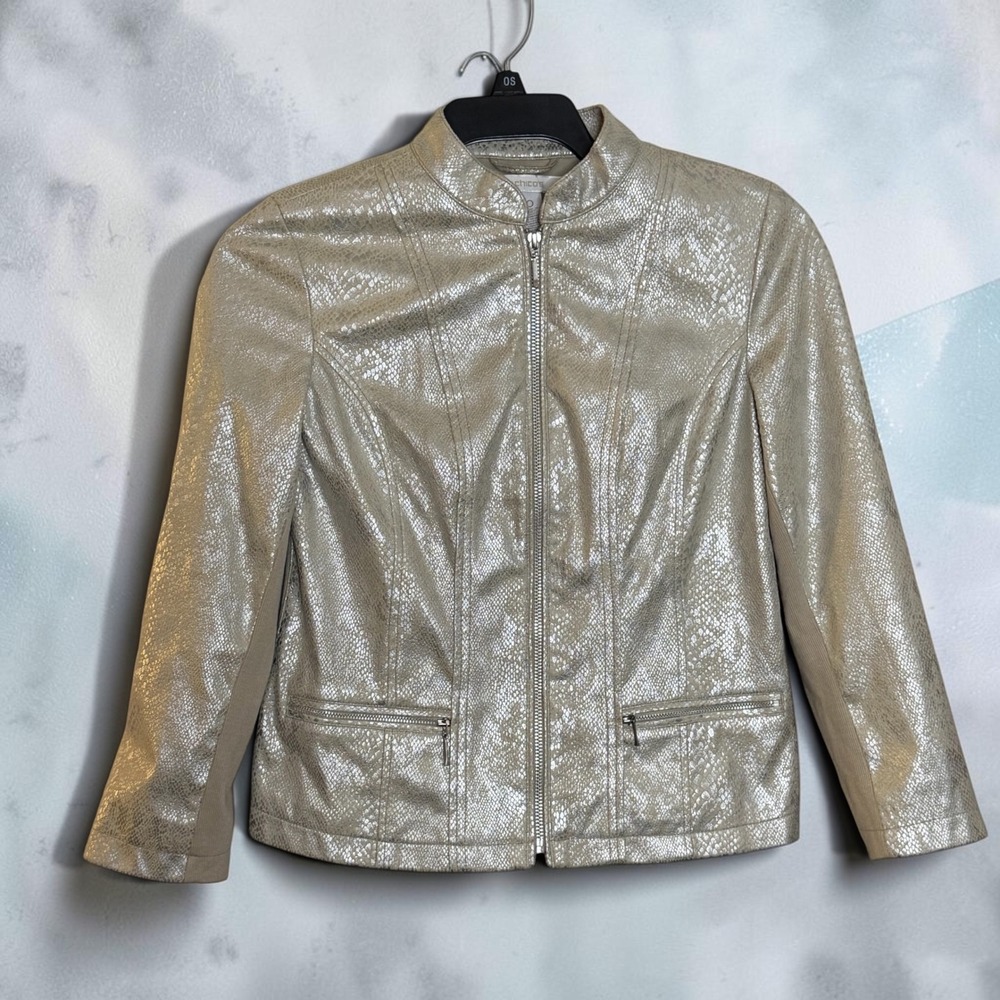 Chicos Metallic Champagne Snakeskin Faux Leather Moto Jacket Size 0 XS 13C00300